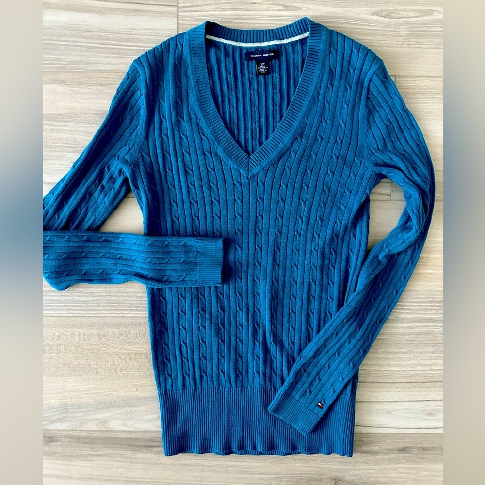Tommy Hilfiger Women's Teal Blue Long Sleeve Cable Knit Crew Neck Sweater Small